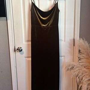 Velvet like Cowl Neck Slip Dress - Olive Green